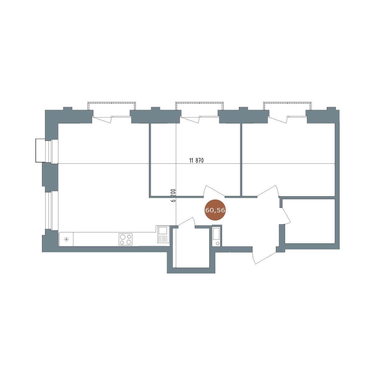 2-комнатная, 60.3 м², № 2.114 в 19|56 Кварталы Телецентра