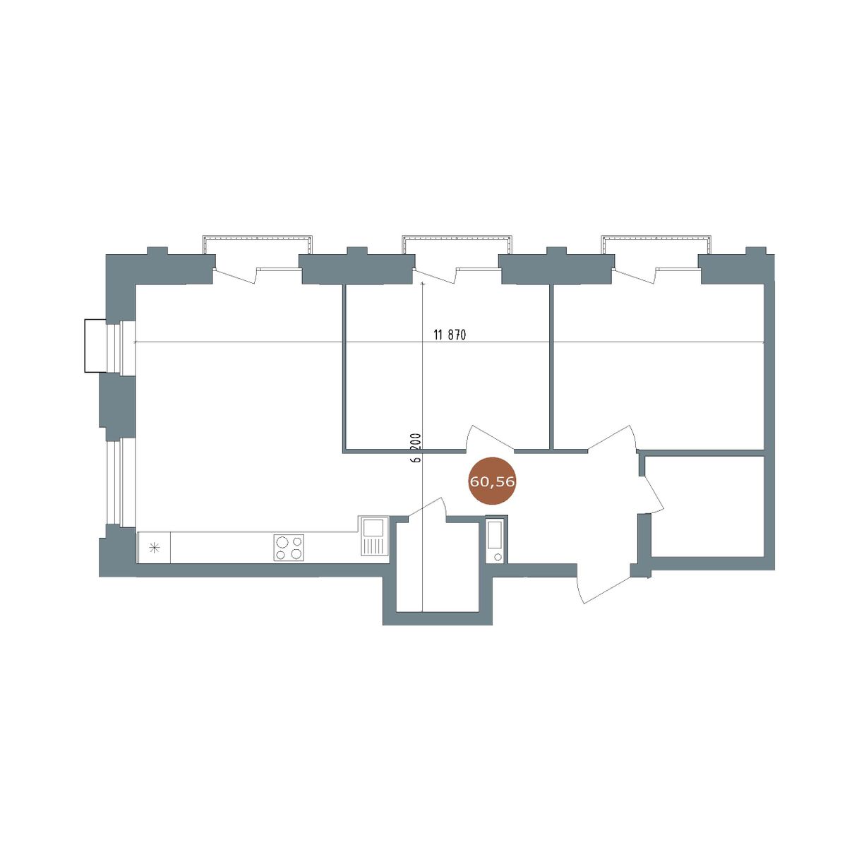 2-комнатная, 60.3 м², № 2.120 в 19|56 Кварталы Телецентра