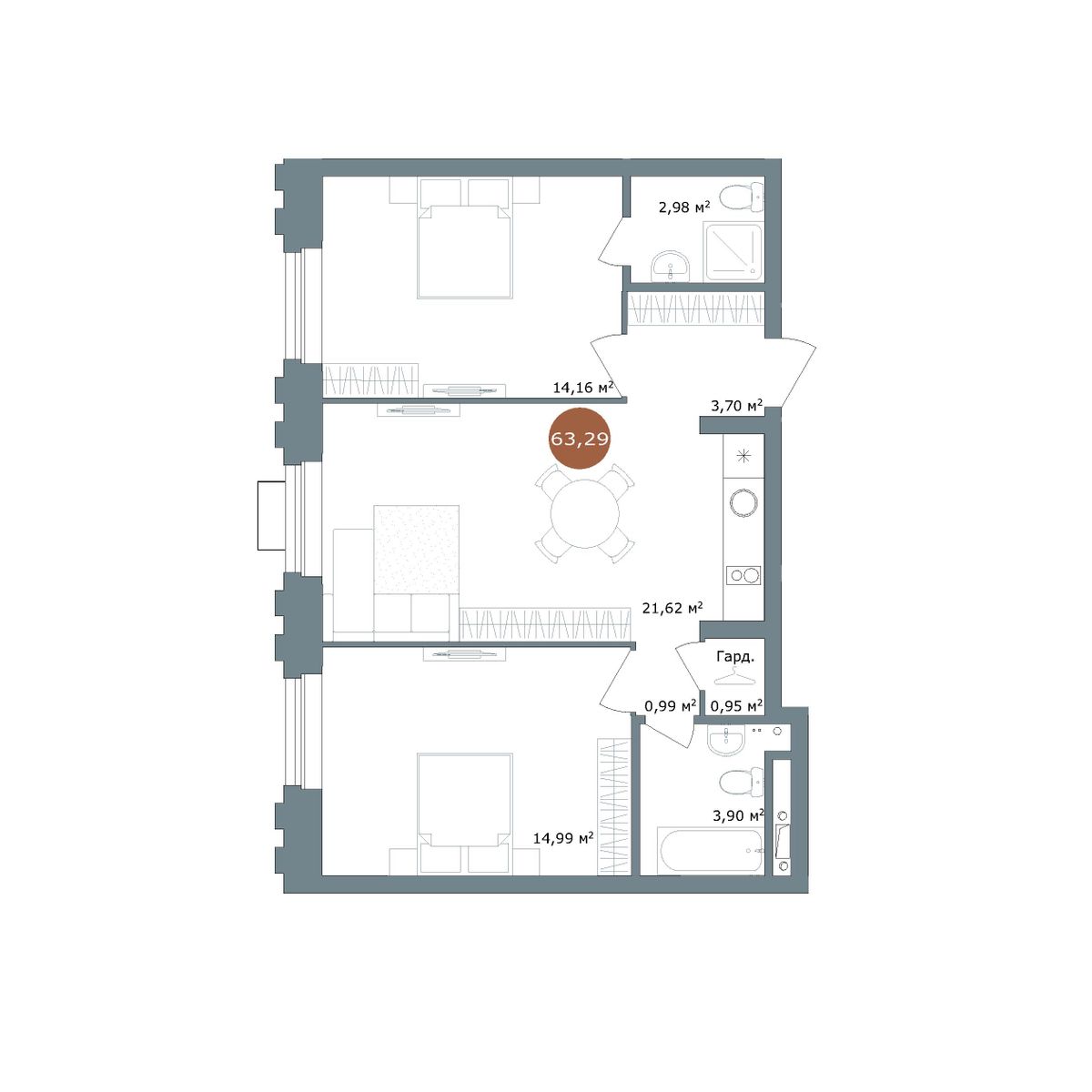 2-комнатная, 63 м², № 2.15 в 19|56 Кварталы Телецентра