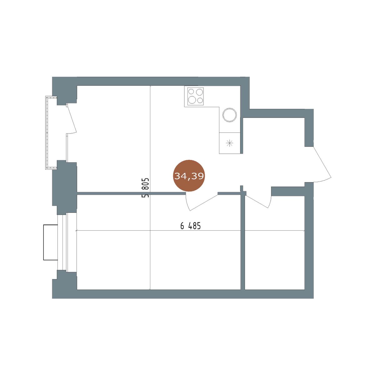 1-комнатная, 34 м², № 2.119 в 19|56 Кварталы Телецентра