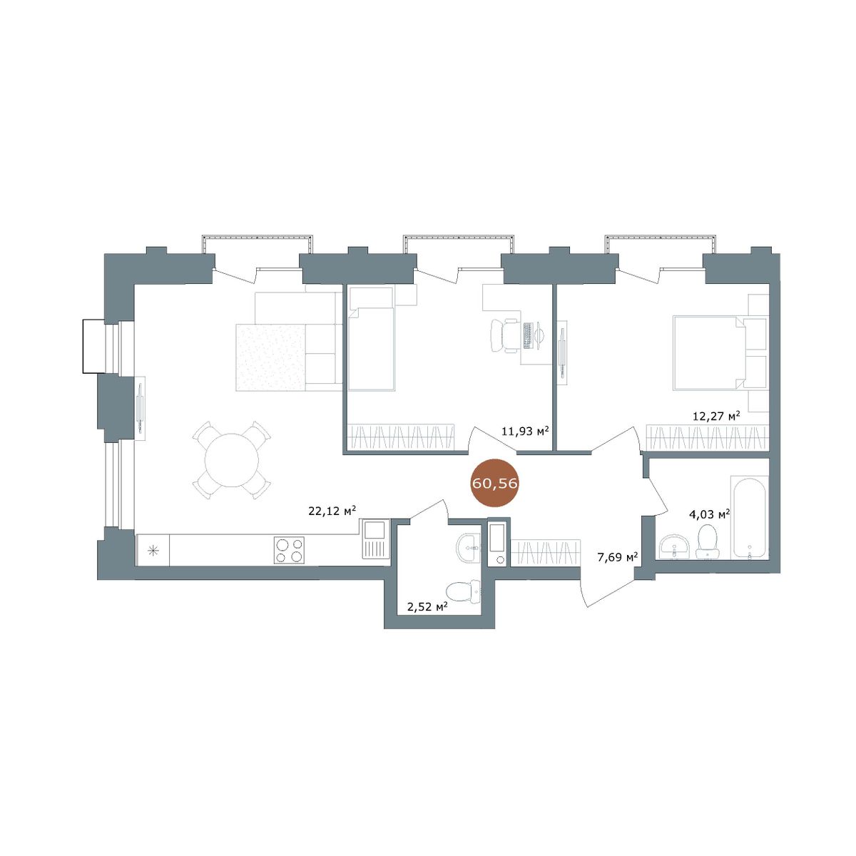 2-комнатная, 60.3 м², № 2.120 в 19|56 Кварталы Телецентра