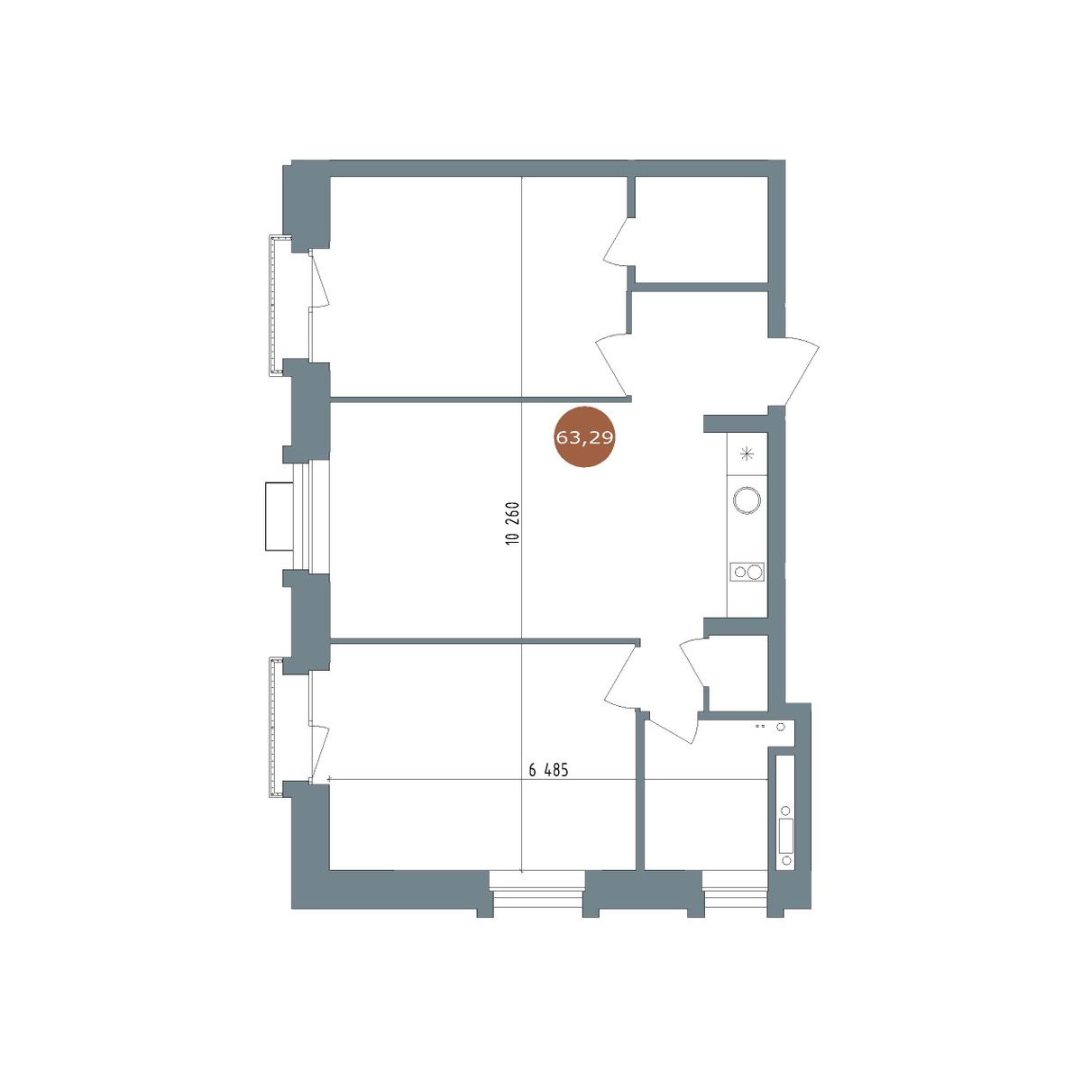 2-комнатная, 63 м², № 2.104 в 19|56 Кварталы Телецентра