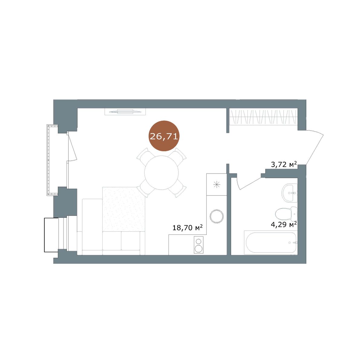 Студия, 26.7 м², № 2.105 в 19|56 Кварталы Телецентра