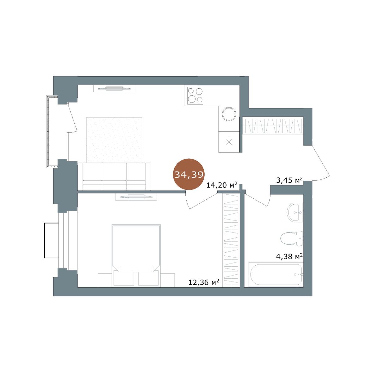 1-комнатная, 34 м², № 2.119 в 19|56 Кварталы Телецентра