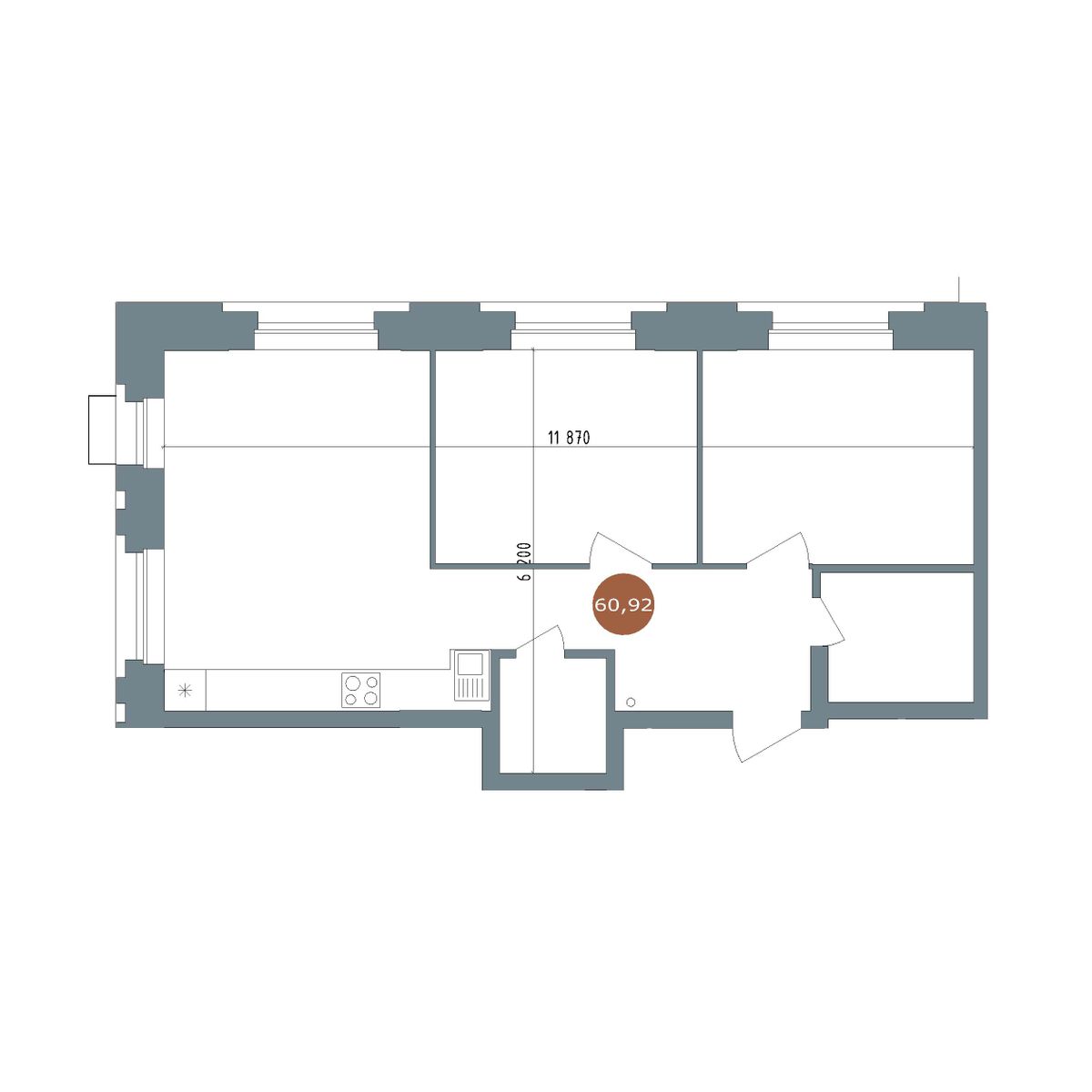 2-комнатная, 60.3 м², № 2.9 в 19|56 Кварталы Телецентра