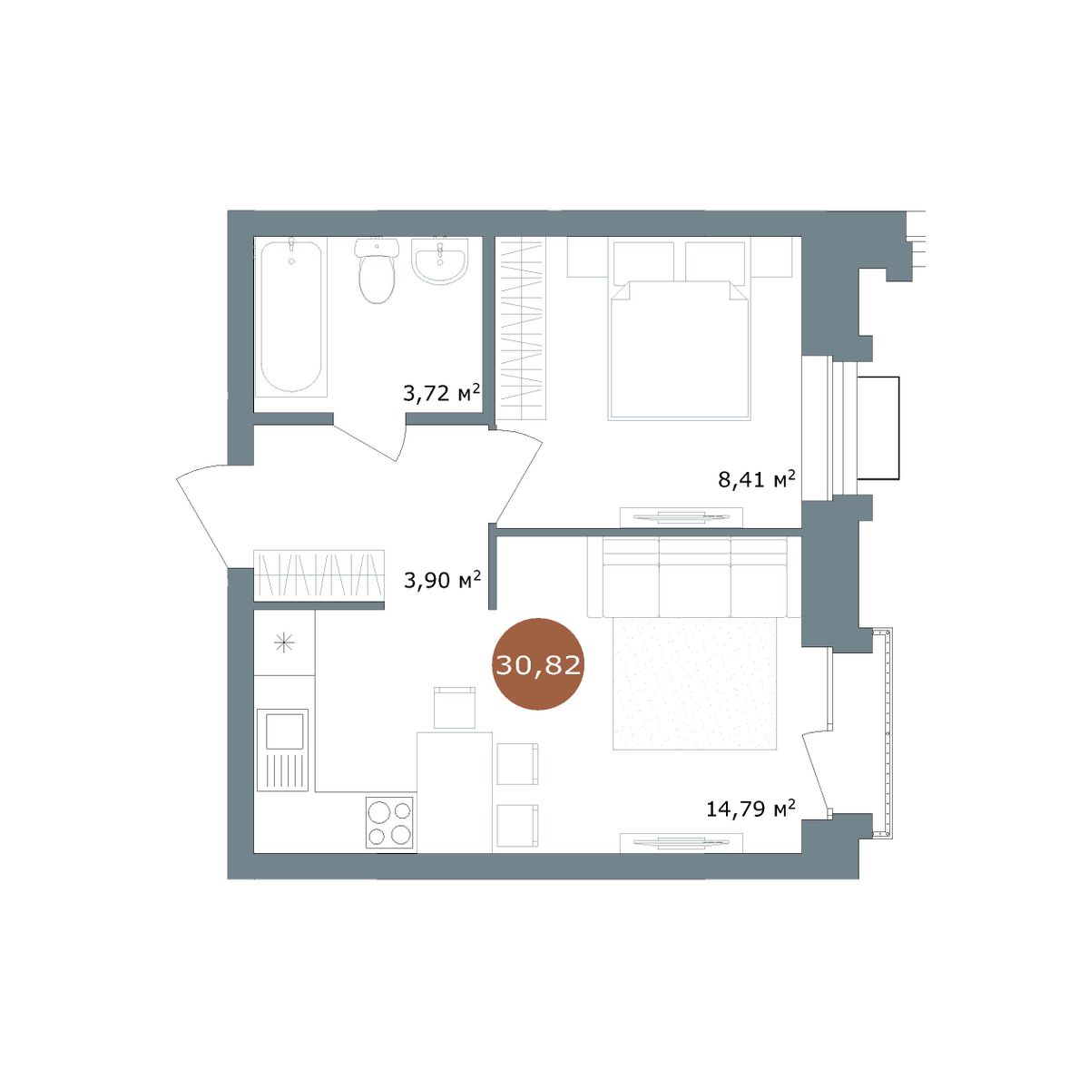 1-комнатная, 30.7 м², № 2.58 в 19|56 Кварталы Телецентра