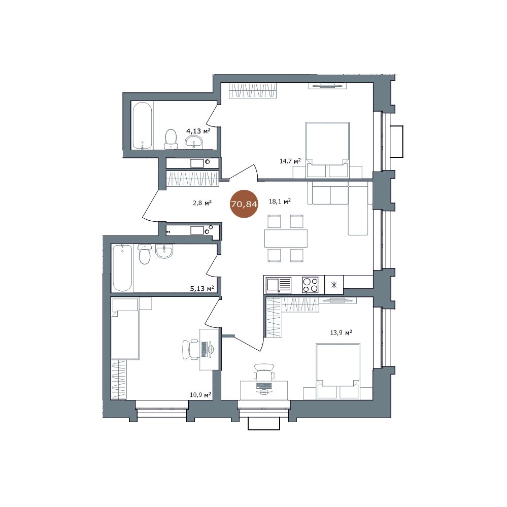 3-комнатная, 69.7 м², № 2.29 в 19|56 Кварталы Телецентра