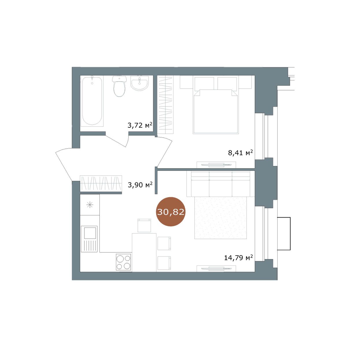 1-комнатная, 30.7 м², № 2.31 в 19|56 Кварталы Телецентра