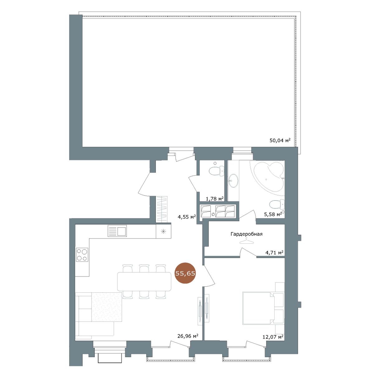 3-комнатная, 68.9 м², № 2.108 в 19|56 Кварталы Телецентра
