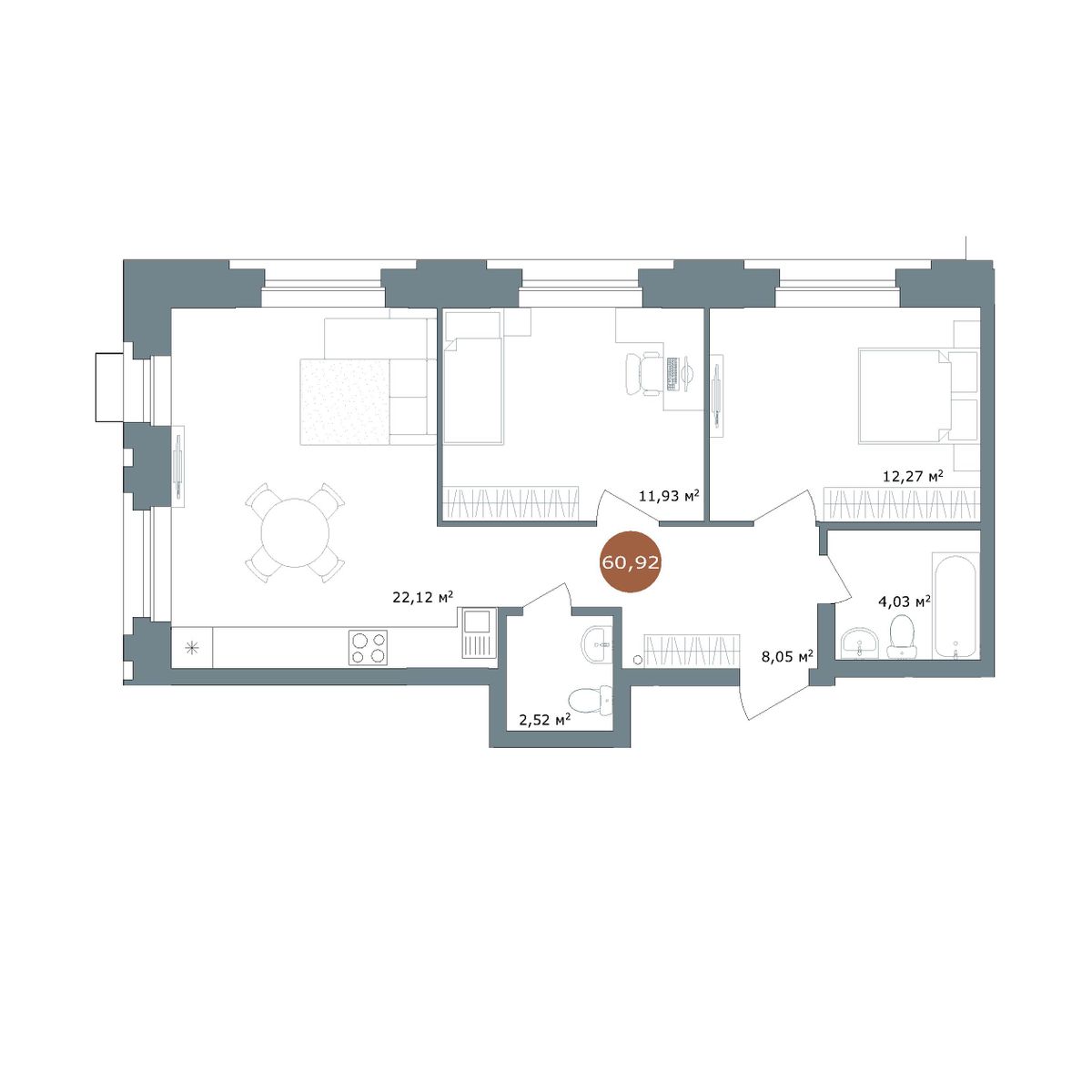 2-комнатная, 60.3 м², № 2.9 в 19|56 Кварталы Телецентра