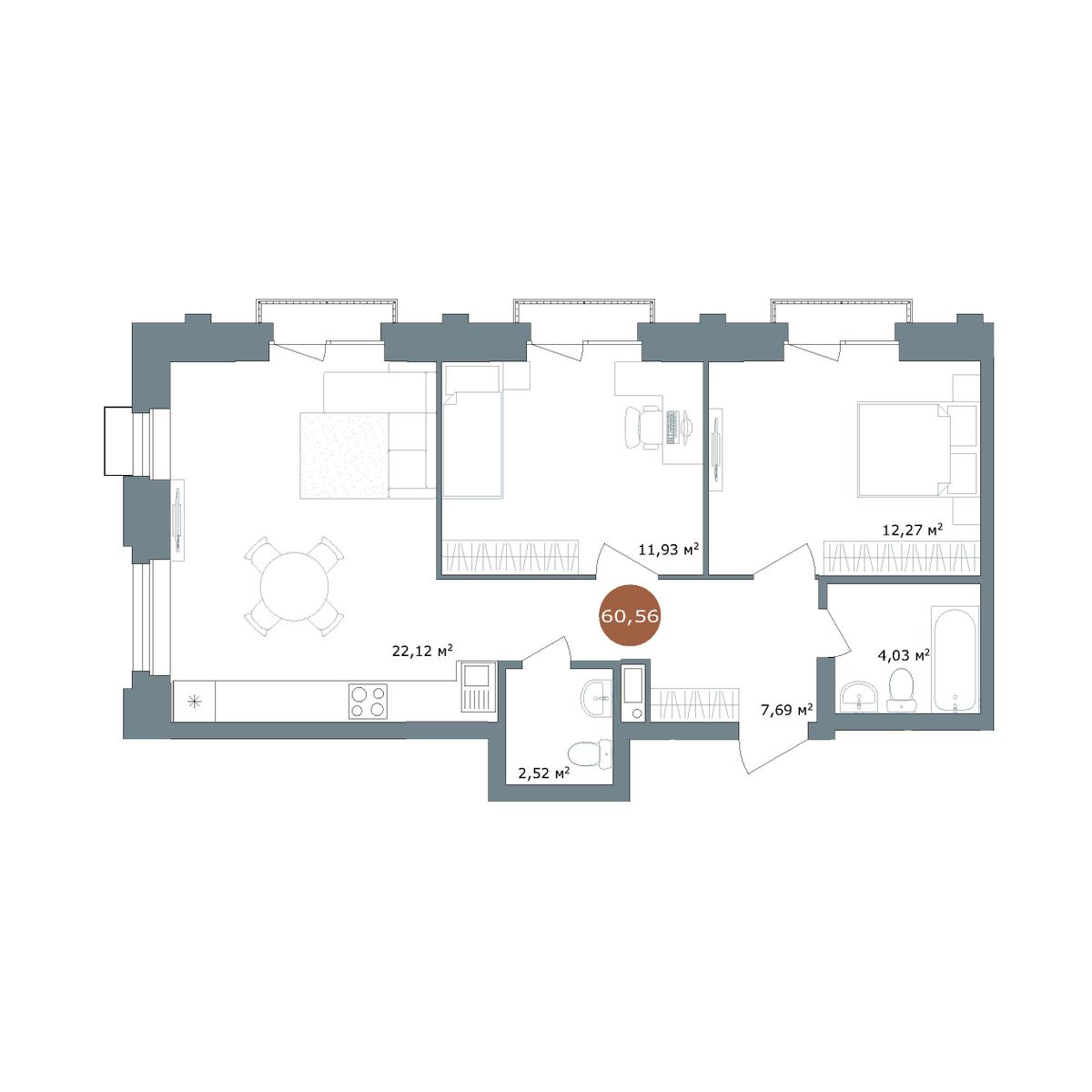 2-комнатная, 60.3 м², № 2.114 в 19|56 Кварталы Телецентра