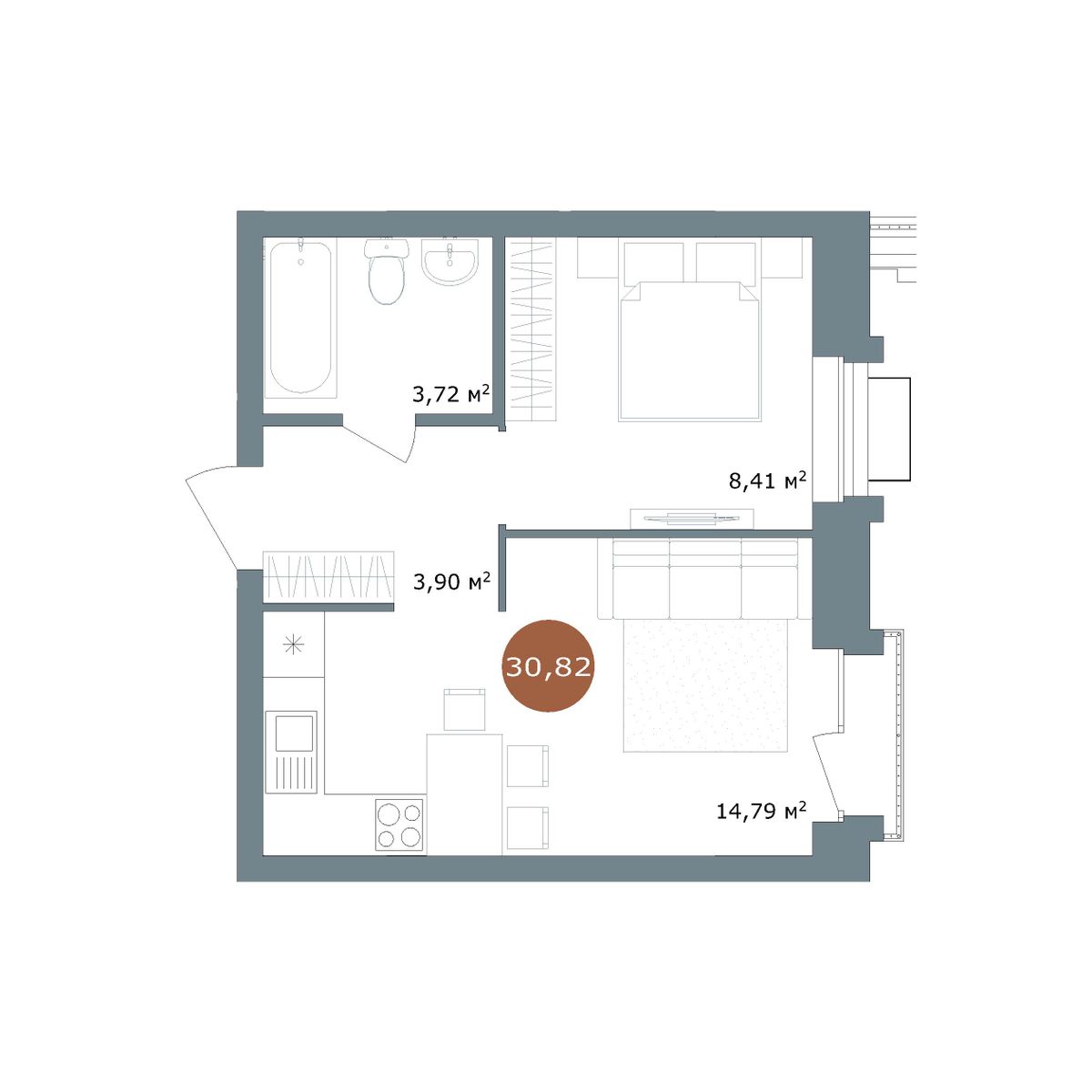 1-комнатная, 30.8 м², № 2.115 в 19|56 Кварталы Телецентра