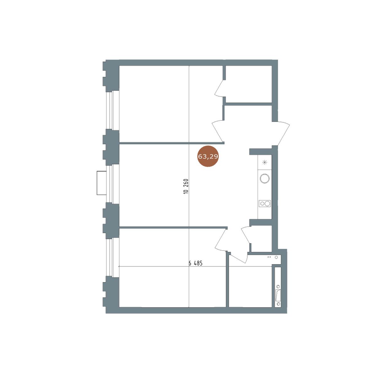 2-комнатная, 63 м², № 2.15 в 19|56 Кварталы Телецентра
