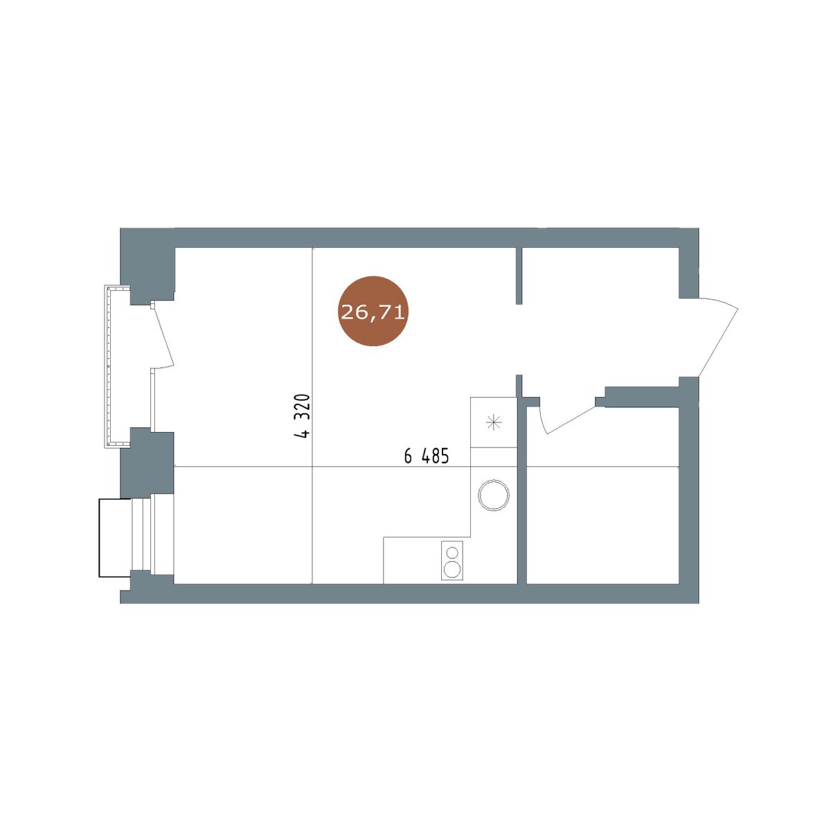 Студия, 26.7 м², № 2.112 в 19|56 Кварталы Телецентра