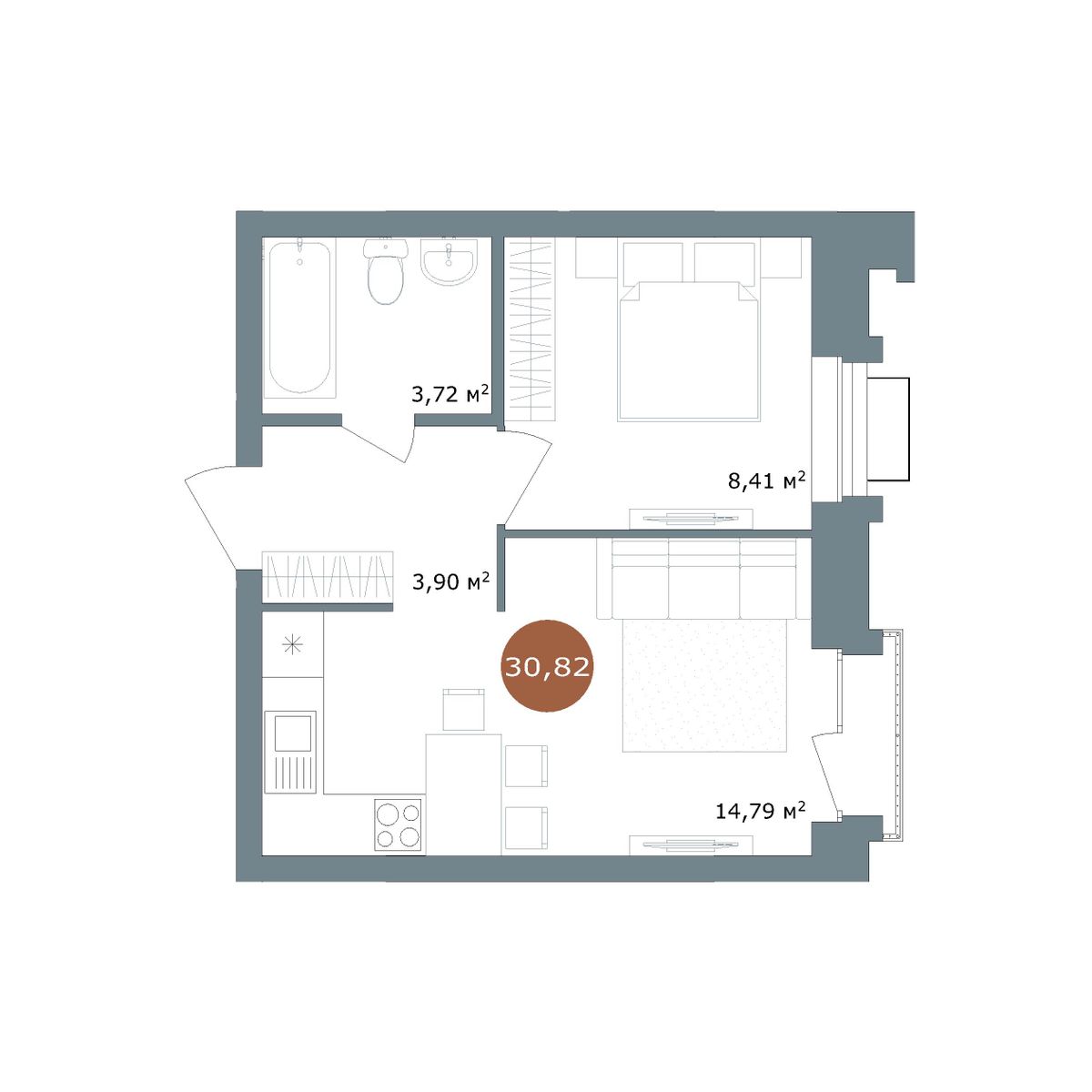 1-комнатная, 30.8 м², № 2.102 в 19|56 Кварталы Телецентра