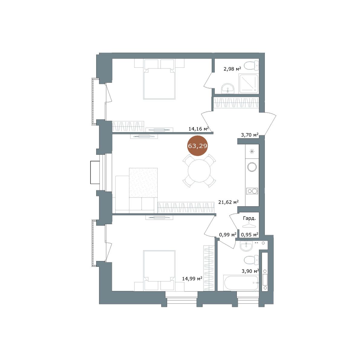 2-комнатная, 63 м², № 2.104 в 19|56 Кварталы Телецентра