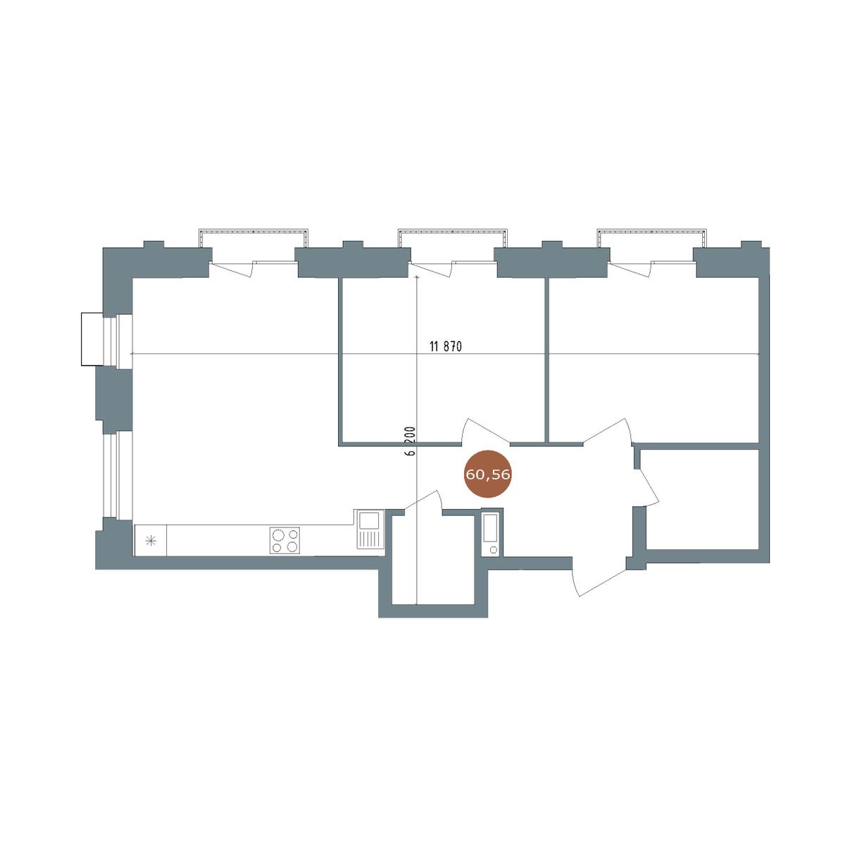2-комнатная, 60.3 м², № 2.107 в 19|56 Кварталы Телецентра