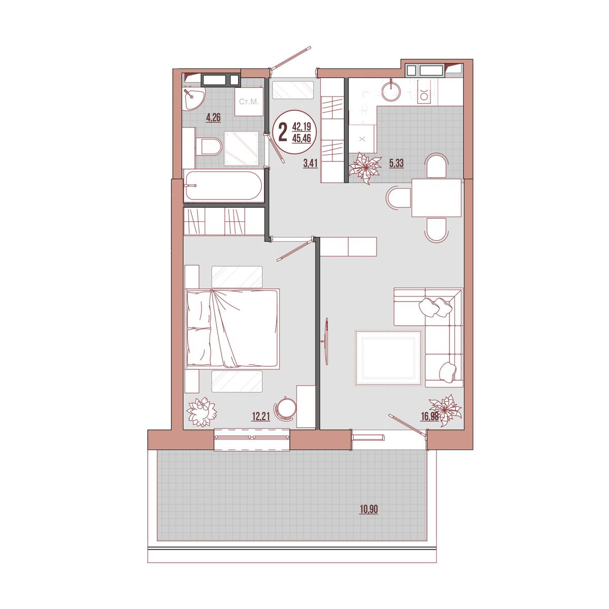 2-комнатная, 45.46 м², № 02-13 в ЛисаПарк