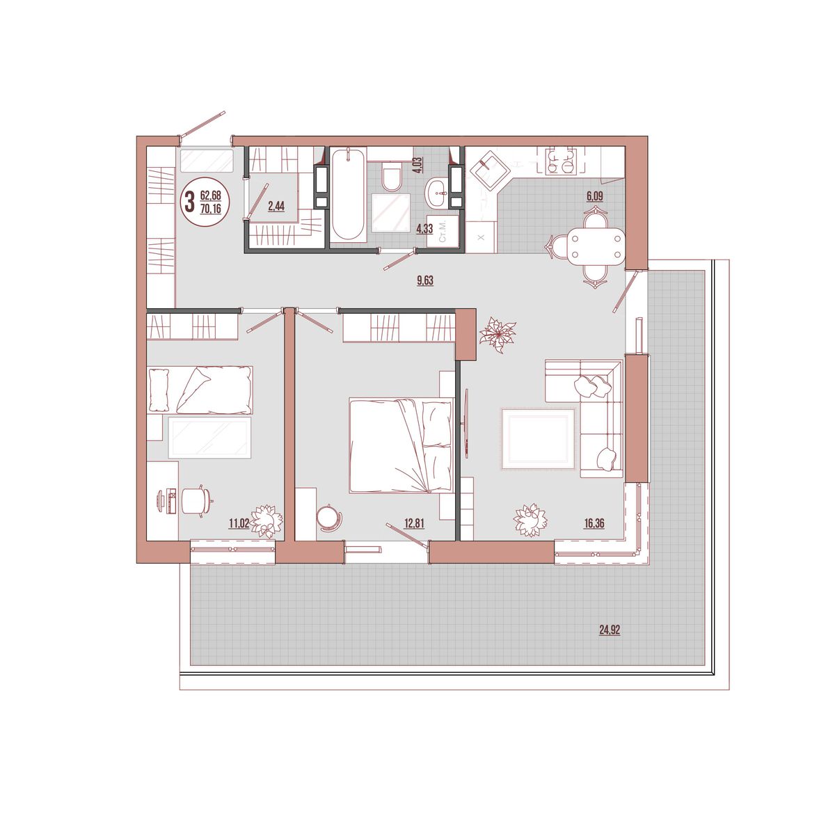 3-комнатная, 70.16 м², № 02-2 в ЛисаПарк