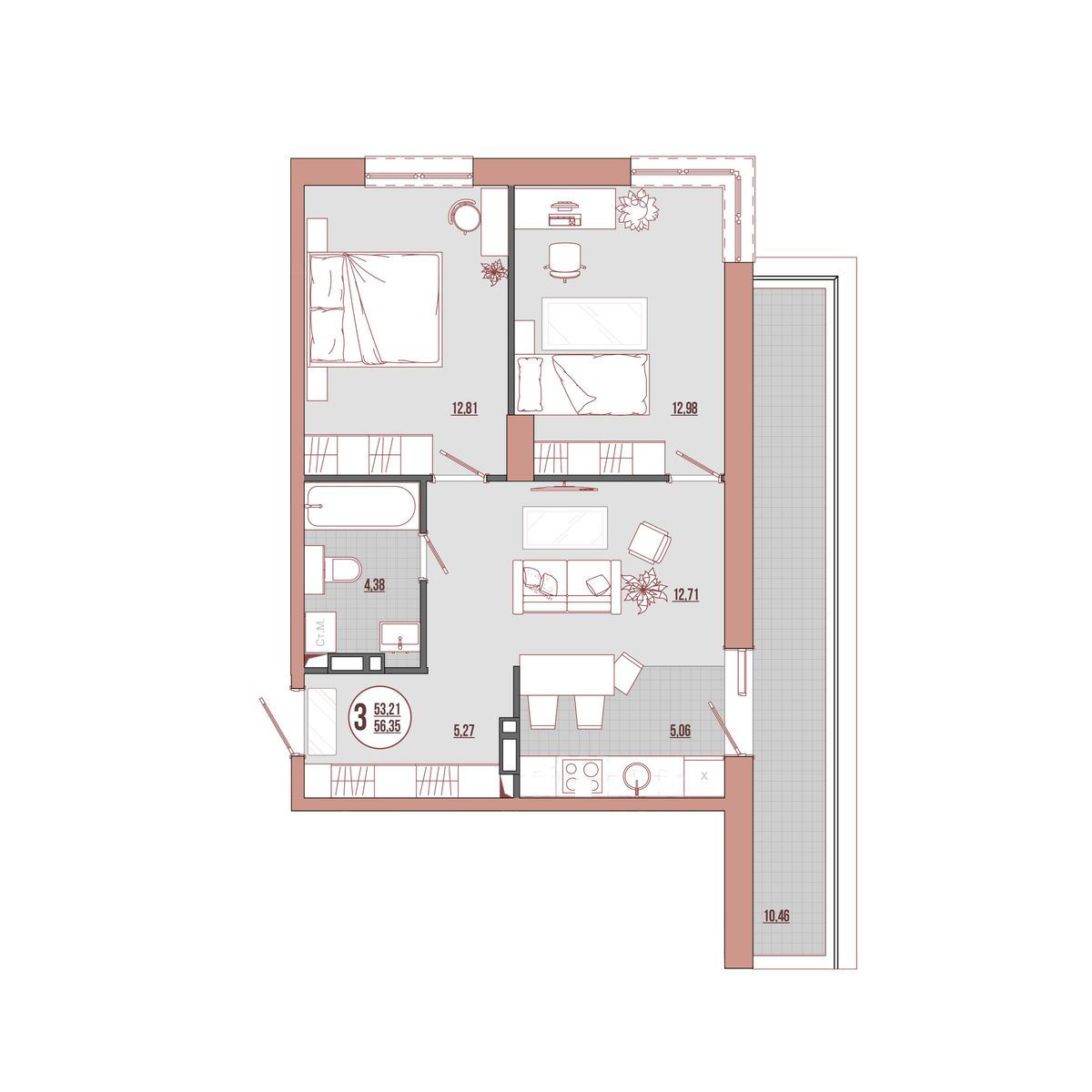 3-комнатная, 56.35 м², № 02-1 в ЛисаПарк