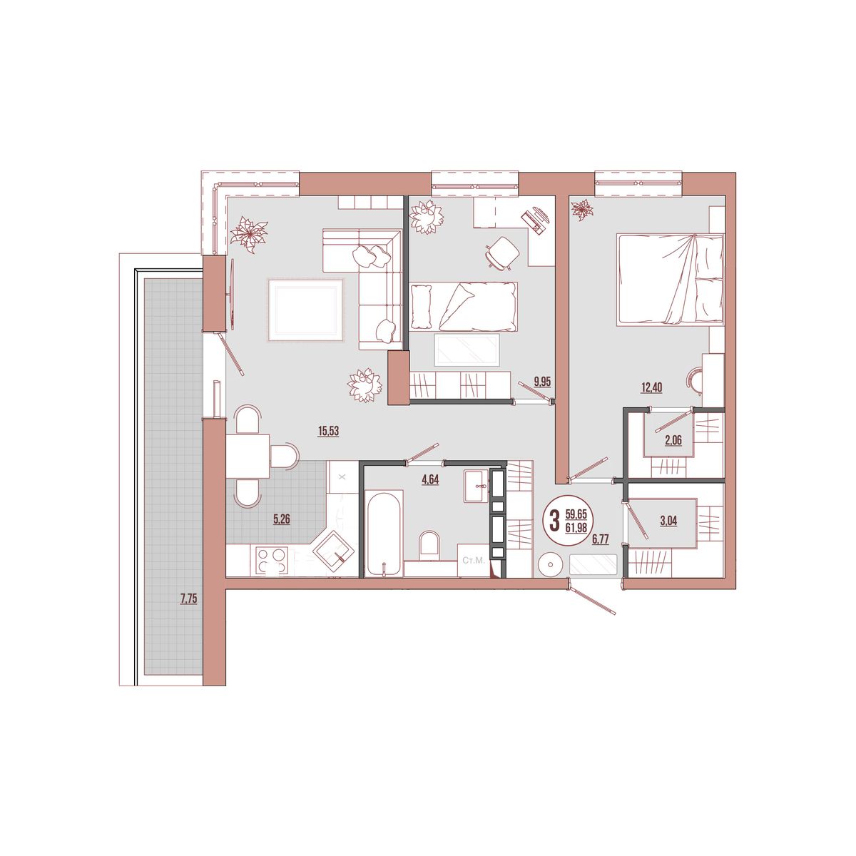 3-комнатная, 61.98 м², № 02-14 в ЛисаПарк