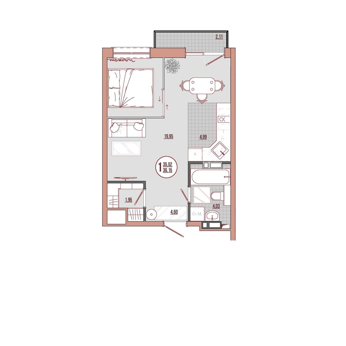 1-комнатная, 36.9 м², № 15-7 в ЛисаПарк