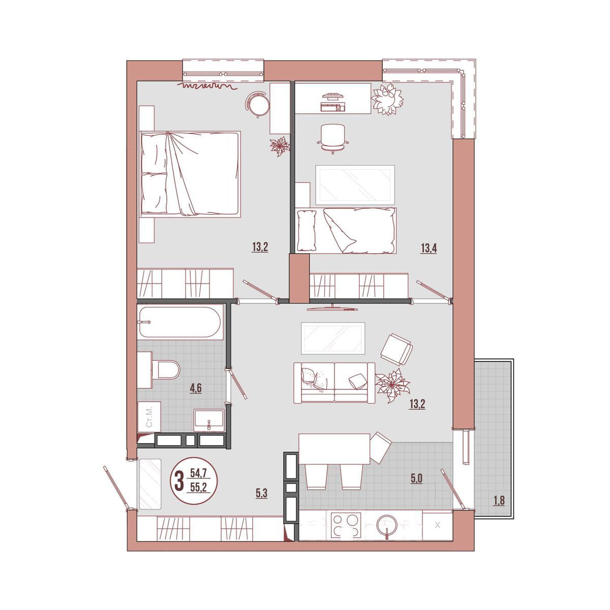 3-комнатная, 55.24 м², № 20-1 в ЛисаПарк
