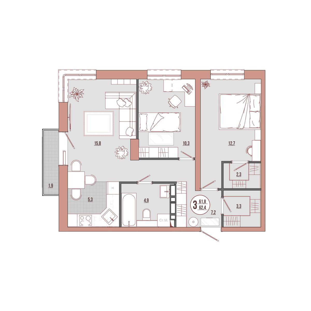 3-комнатная, 64.47 м², № 04-14 в ЛисаПарк