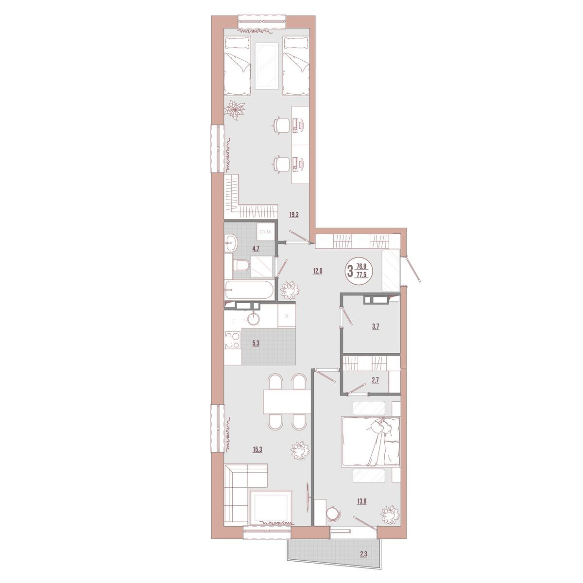 3-комнатная, 77.5 м², № 16-12 в ЛисаПарк