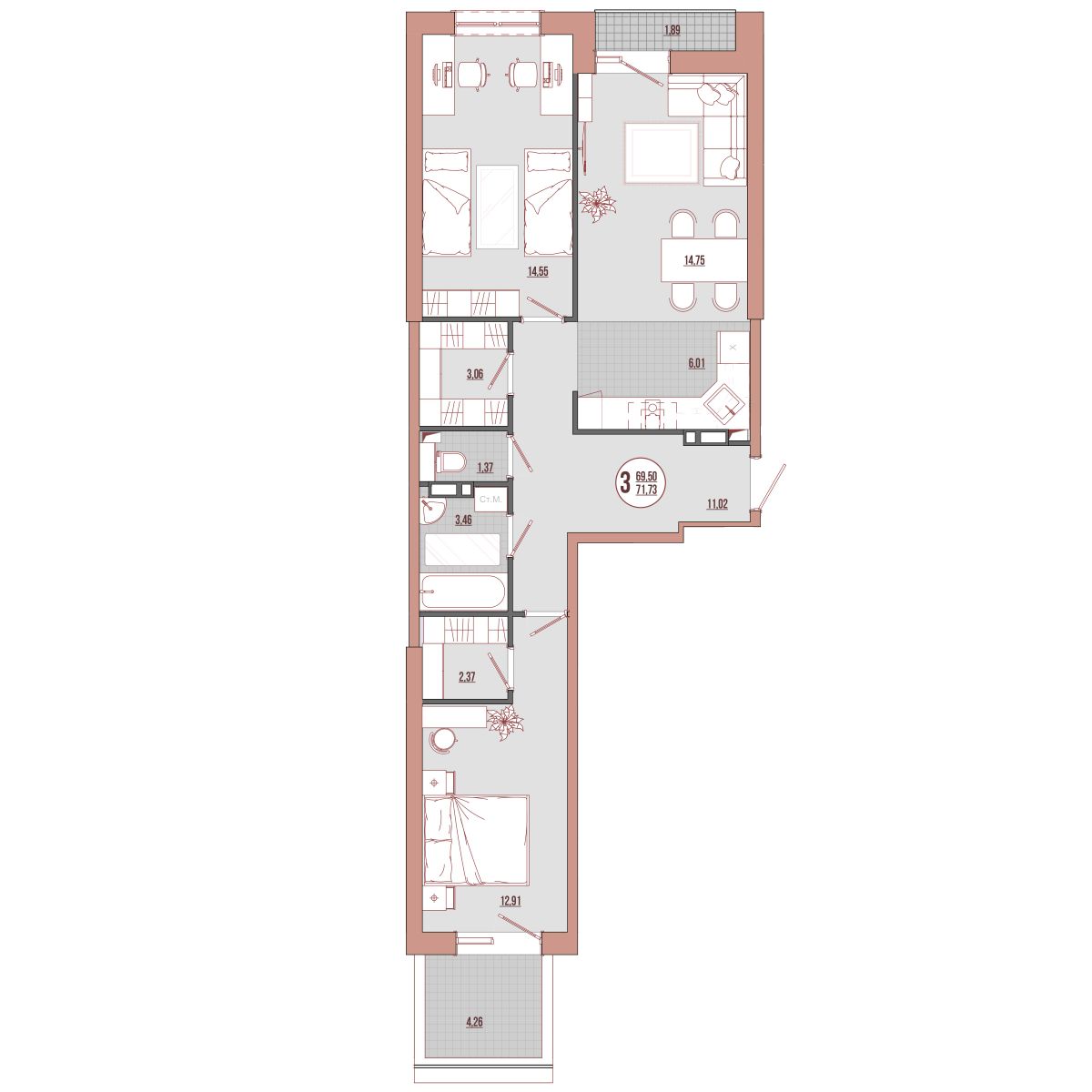 3-комнатная, 71.73 м², № 02-5 в ЛисаПарк