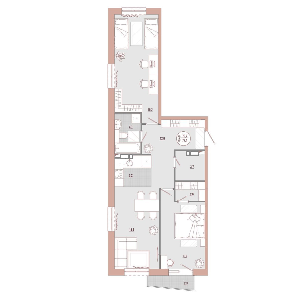 3-комнатная, 77.4 м², № 13-12 в ЛисаПарк