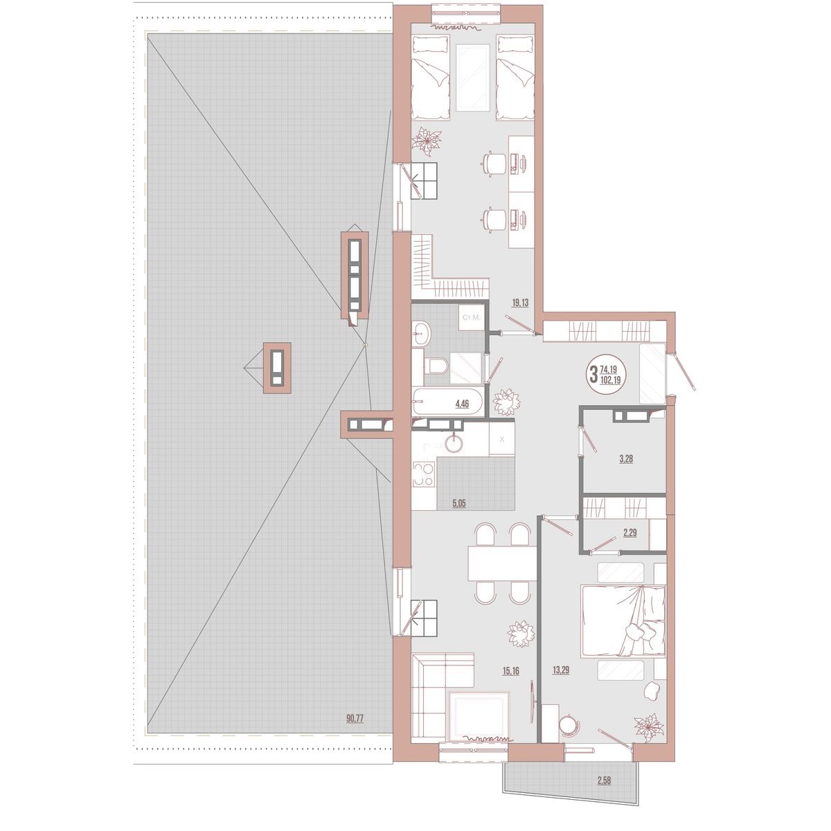3-комнатная, 102.19 м², № 09-12 в ЛисаПарк