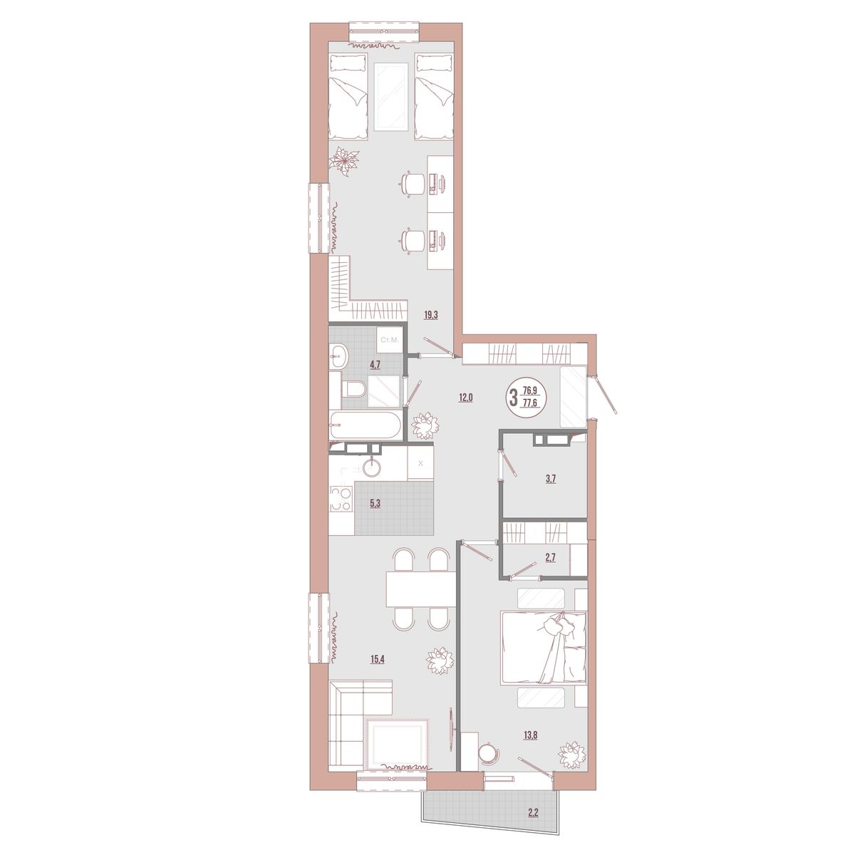 3-комнатная, 77.6 м², № 11-12 в ЛисаПарк