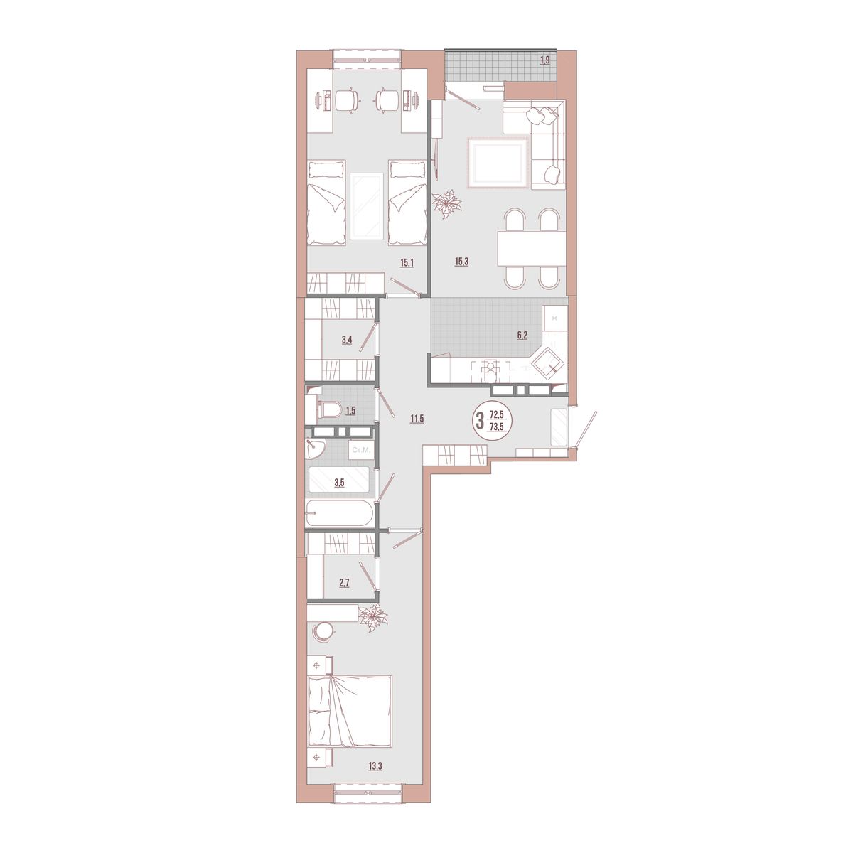 3-комнатная, 73.45 м², № 15-5 в ЛисаПарк