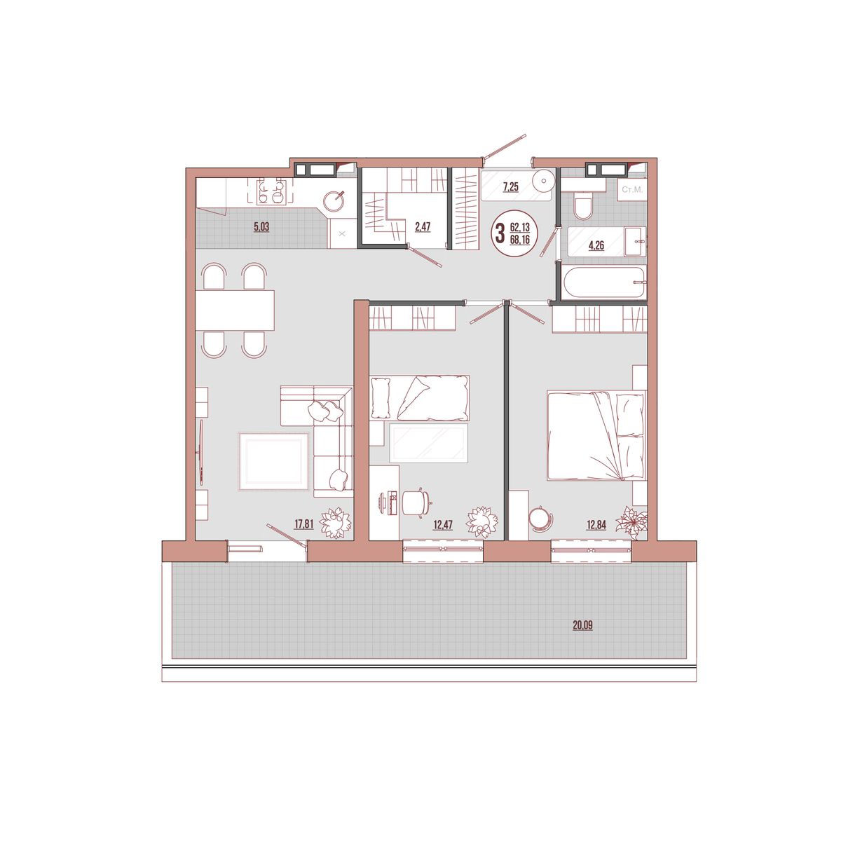 3-комнатная, 68.16 м², № 02-4 в ЛисаПарк