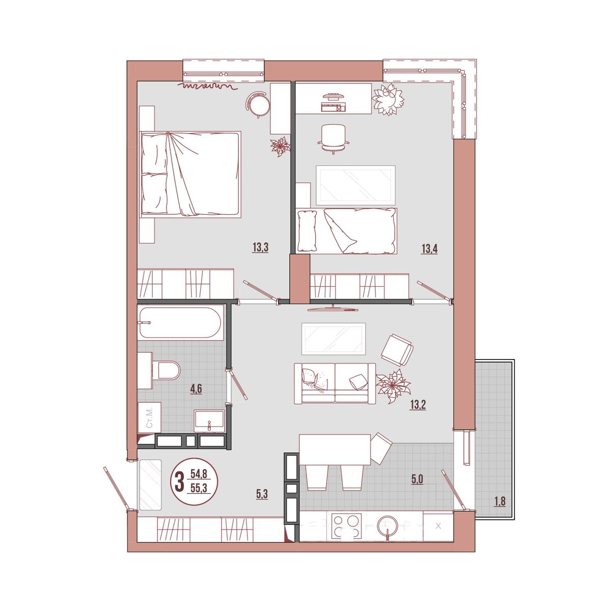 3-комнатная, 55.34 м², № 18-1 в ЛисаПарк