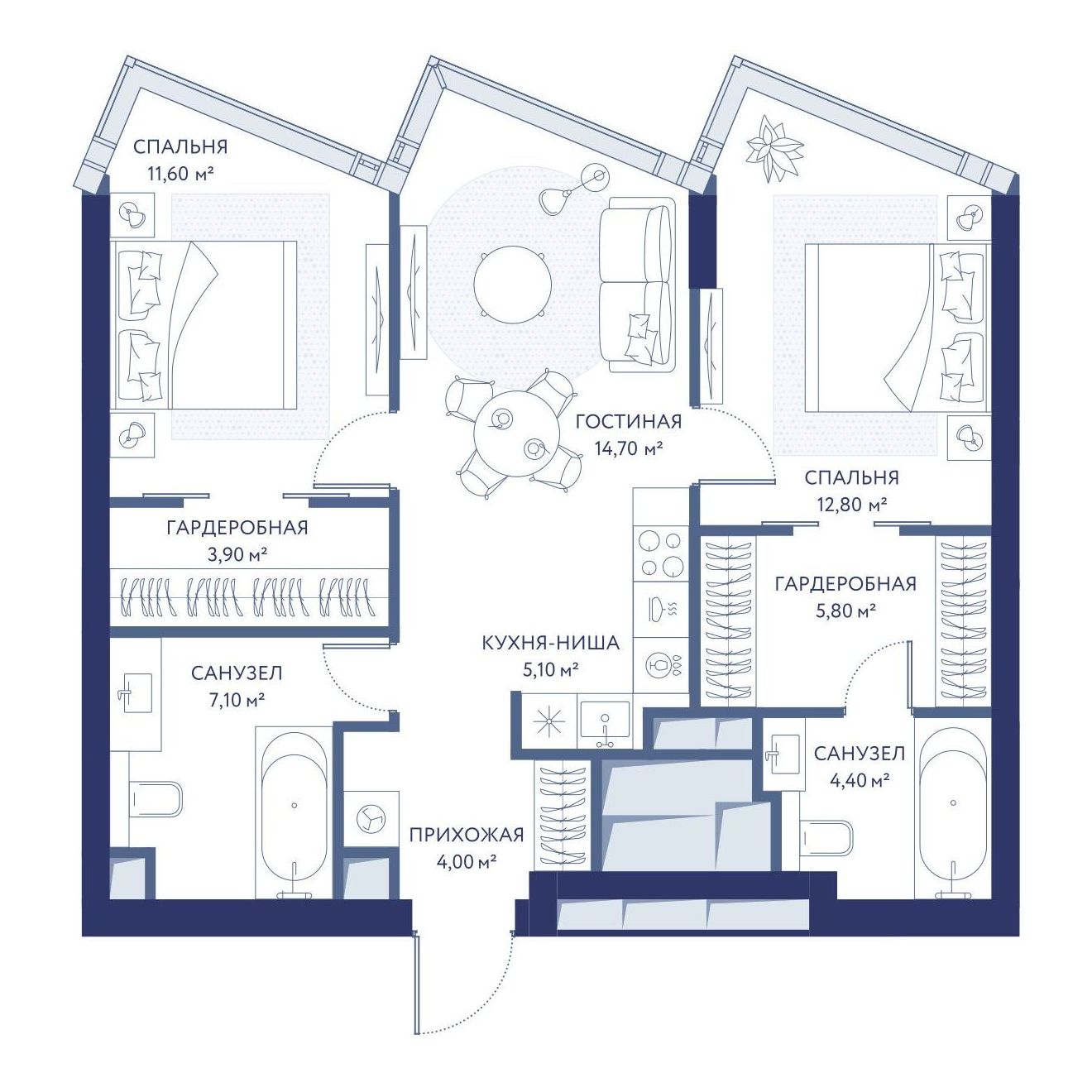 2-комнатная, 69.0 м², 33 этаж из 34, ЖК «ХАЙДАУТ»