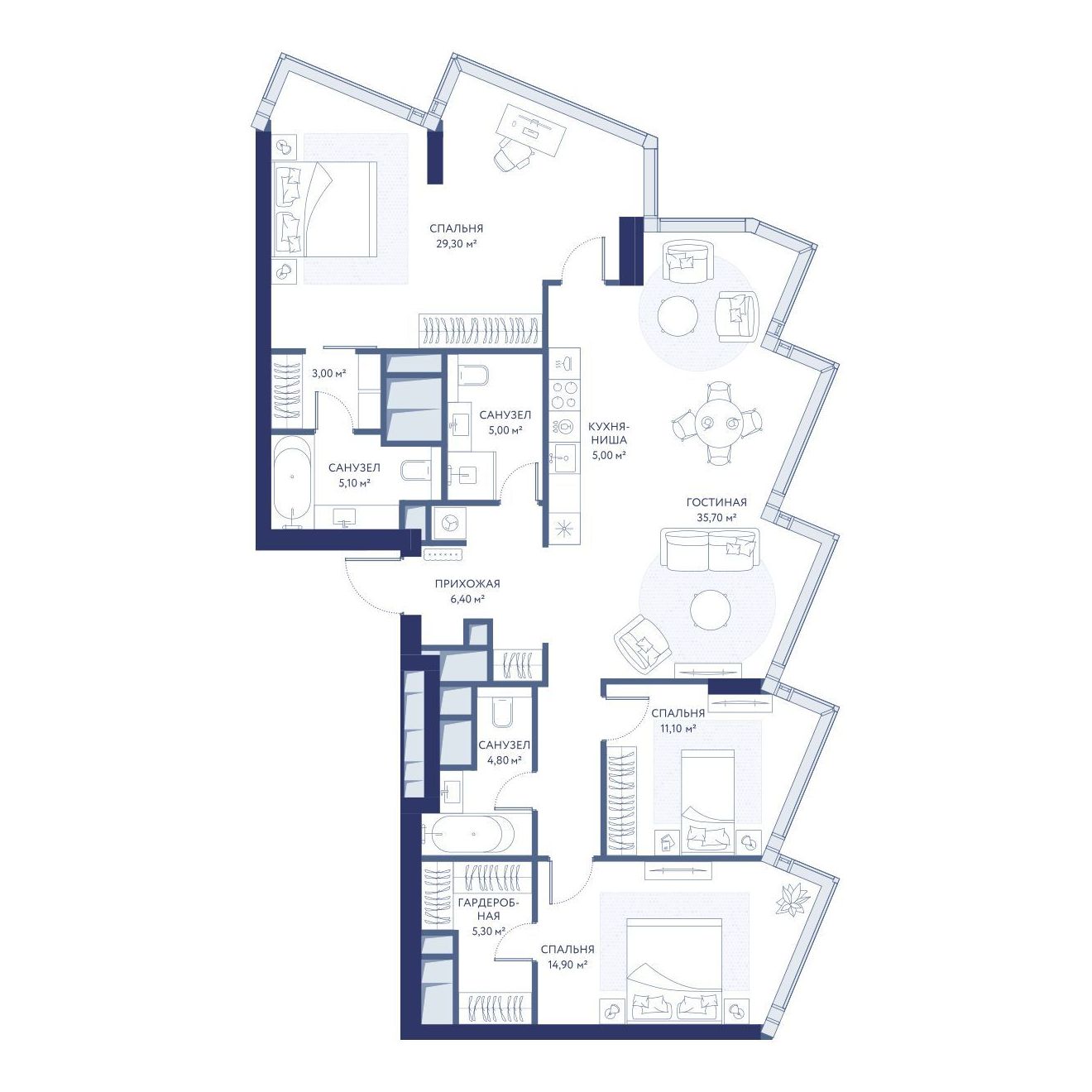 3-комнатная, 126.0 м², 33 этаж из 34, ЖК «ХАЙДАУТ»