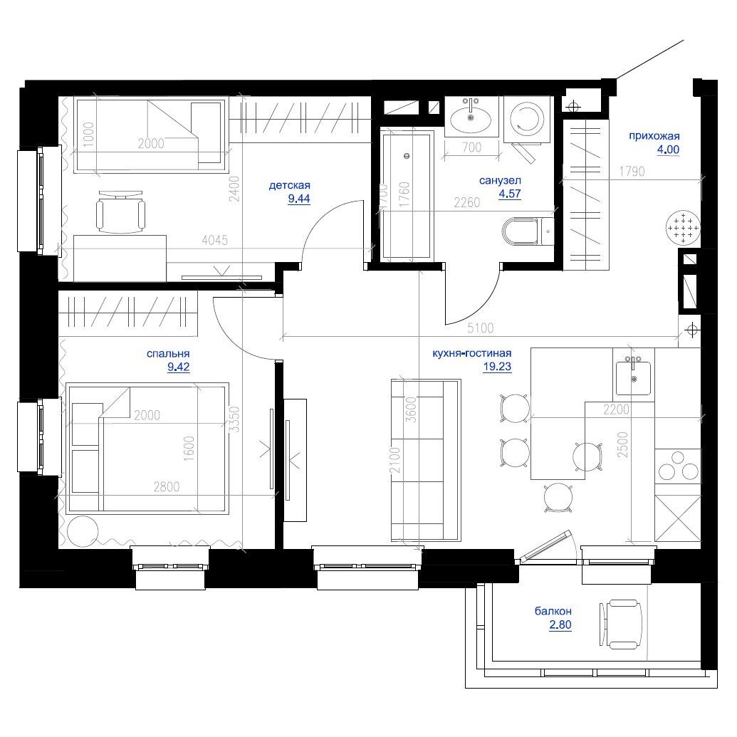 3-комнатная, 48.6 м², № 157 в Сердце Квартала