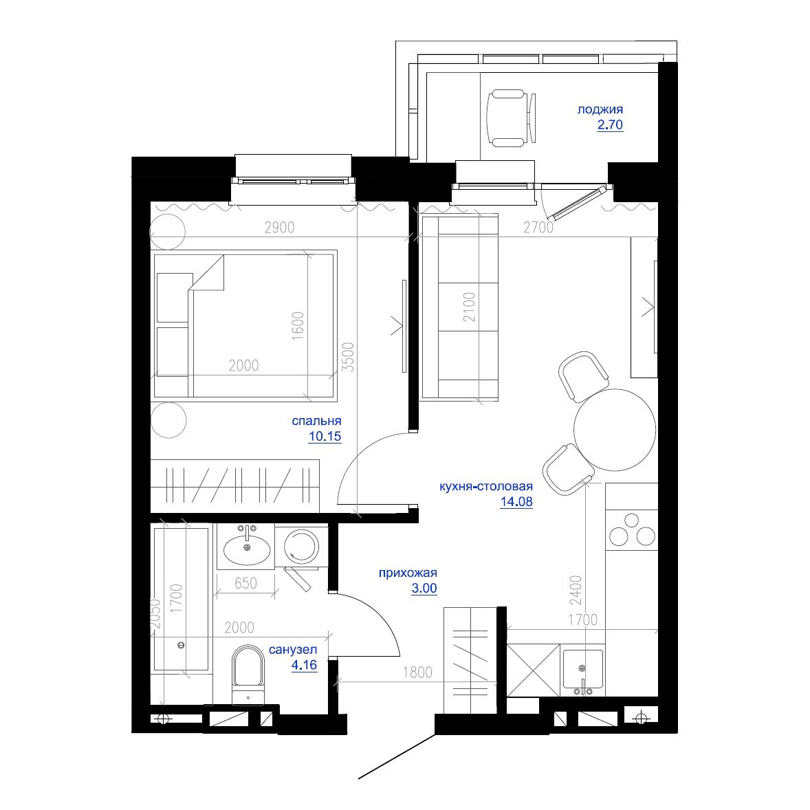 2-комнатная, 33.5 м², № 161 в Сердце Квартала