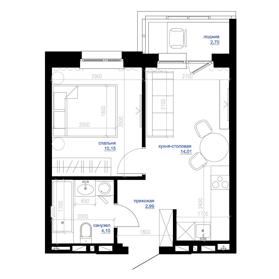 2-комнатная, 33.2 м², № 206 в Сердце Квартала