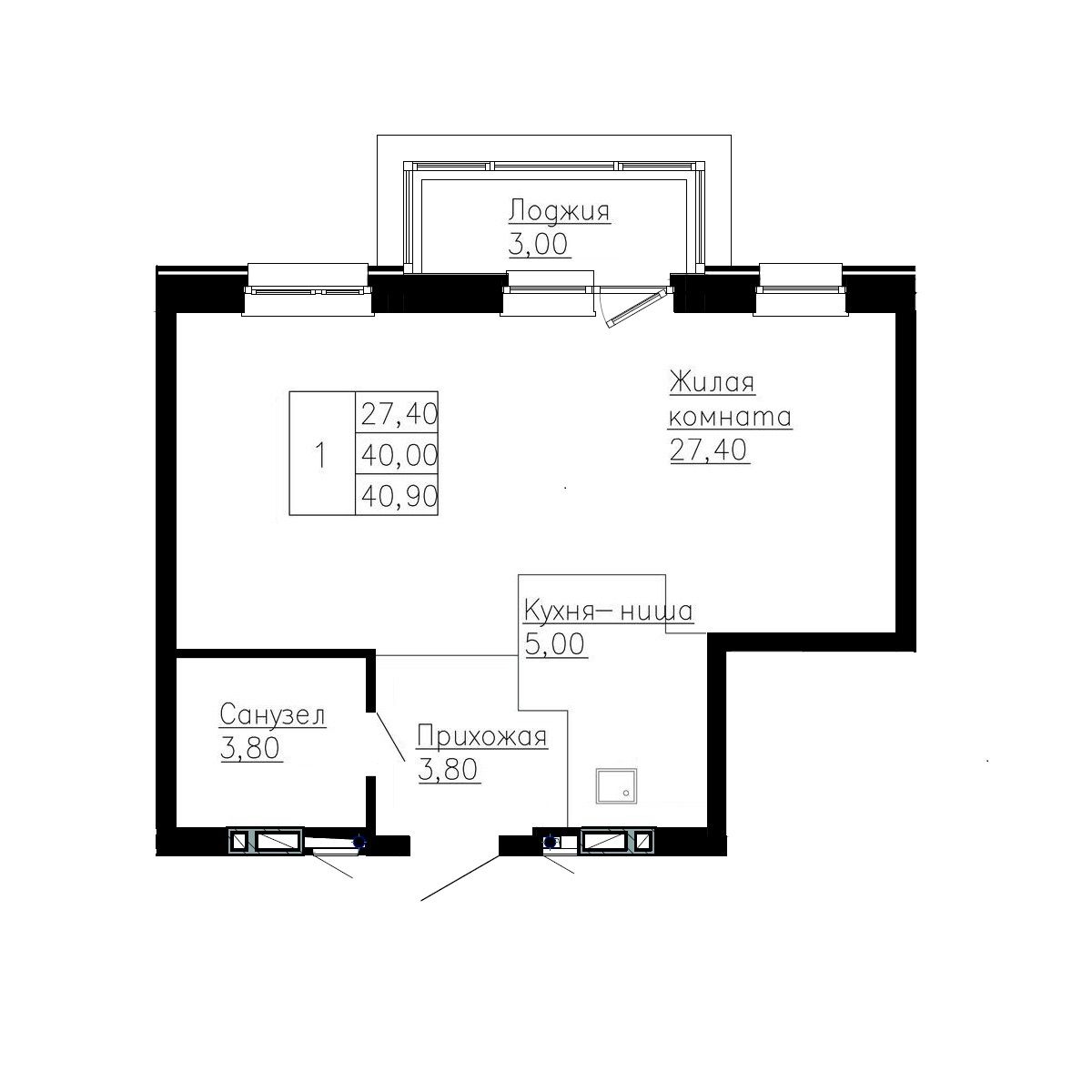 3-комнатная, 40.9 м², № 223 в Сердце Квартала