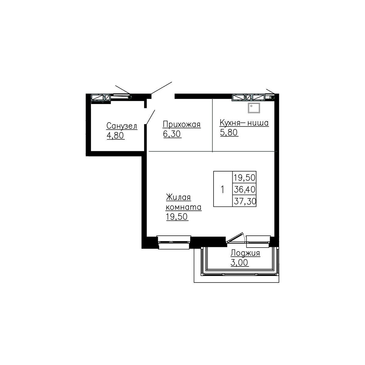 2-комнатная, 37.3 м², № 154 в Сердце Квартала