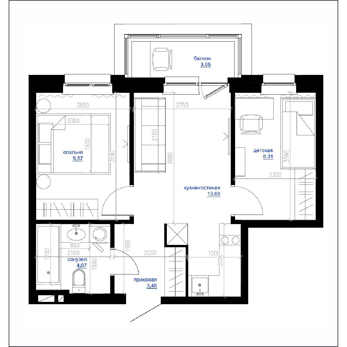 3-комнатная, 41 м², № 178 в Сердце Квартала