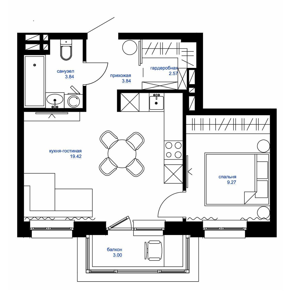 3-комнатная, 40.3 м², № 65 в Сердце Квартала
