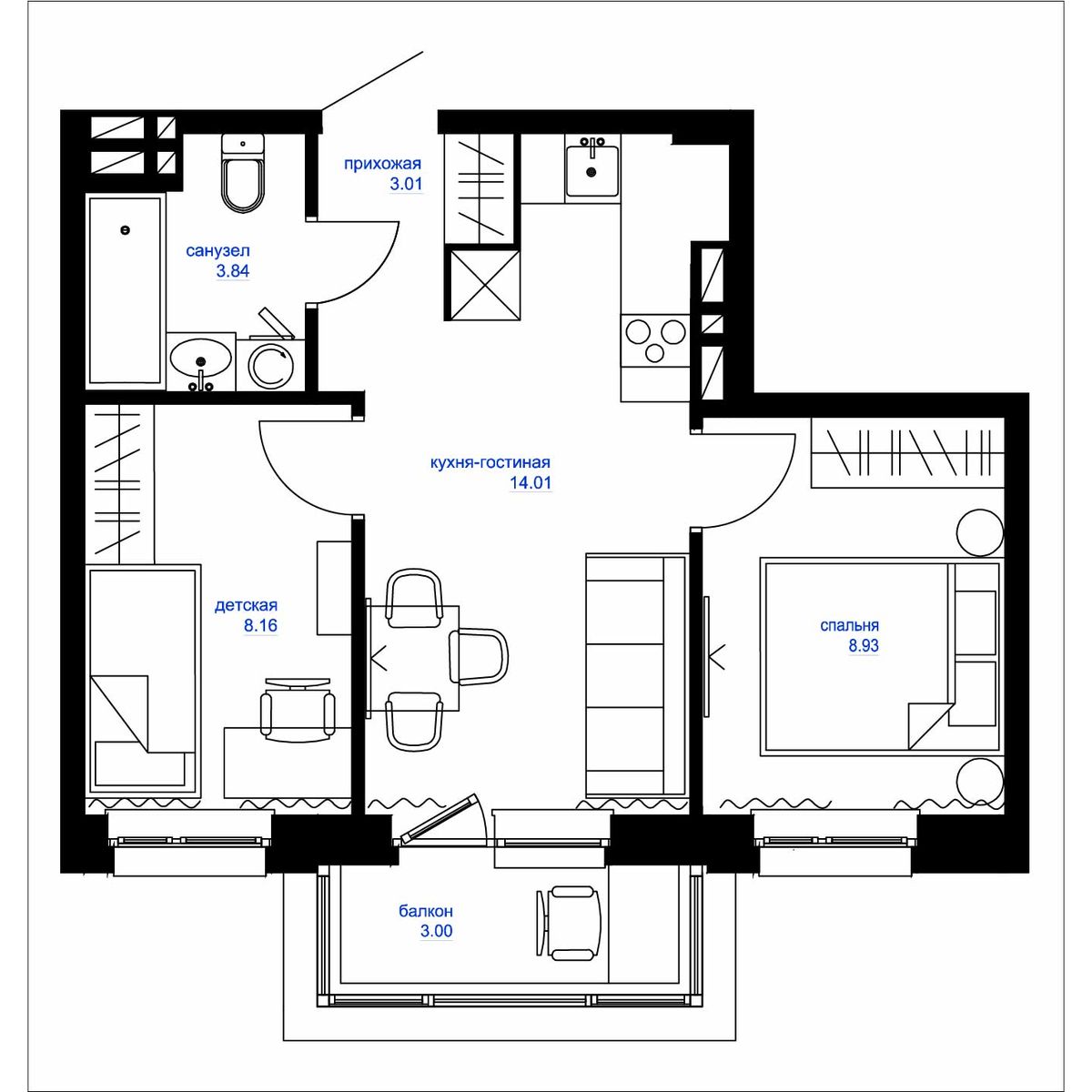 3-комнатная, 40.3 м², № 65 в Сердце Квартала