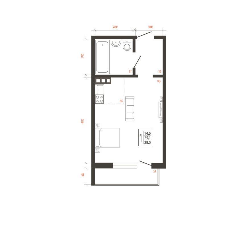 1-комнатная, 28.5 м² 1