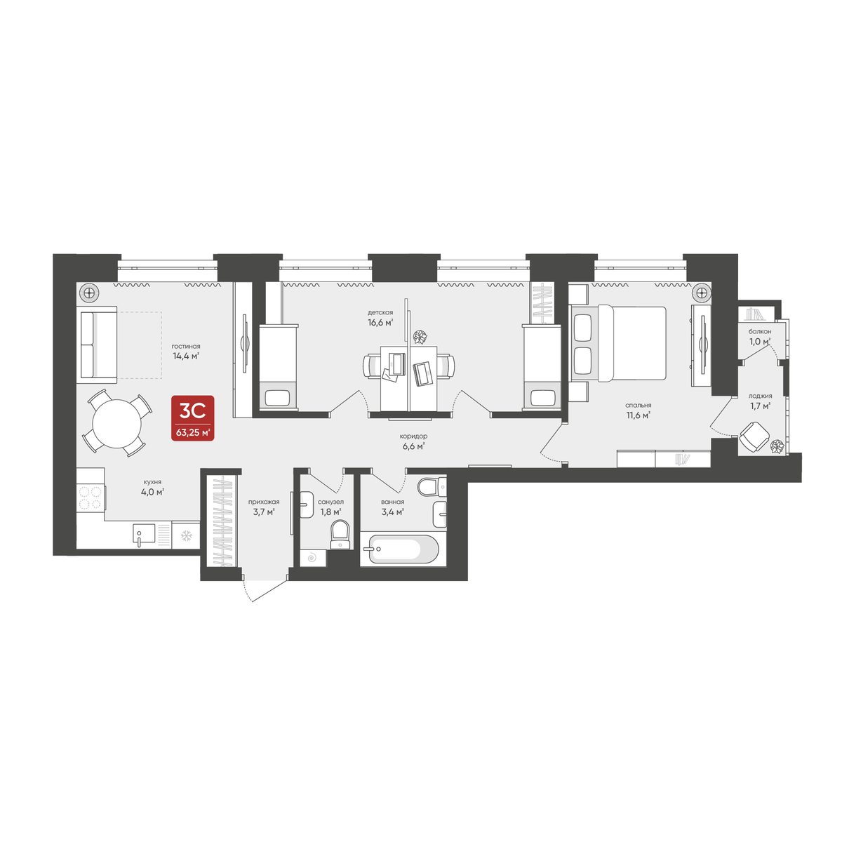 3-комнатная, 63.25 м², № 27 в Промышленная, 7