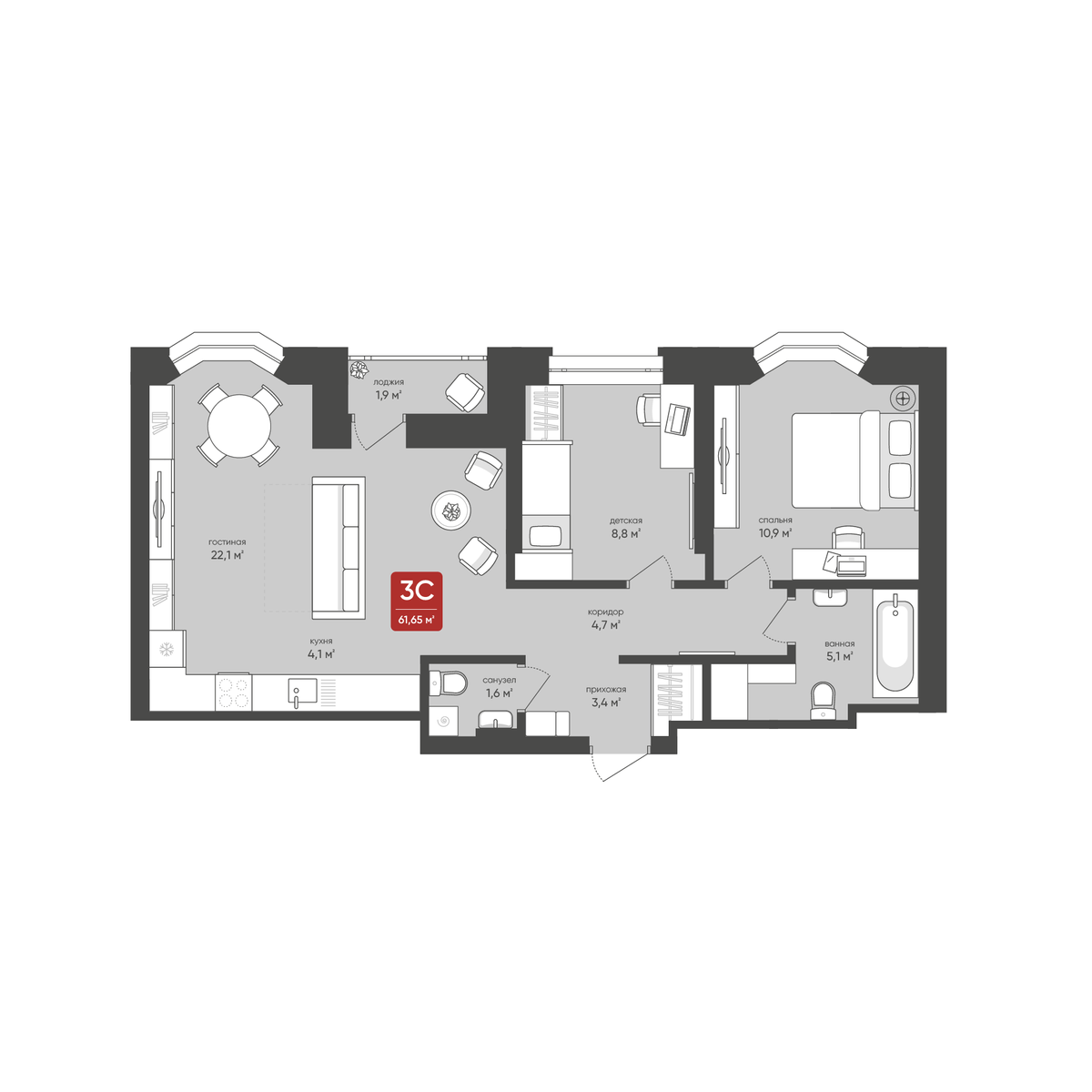 3-комнатная, 61.65 м², № 34 в Промышленная, 7