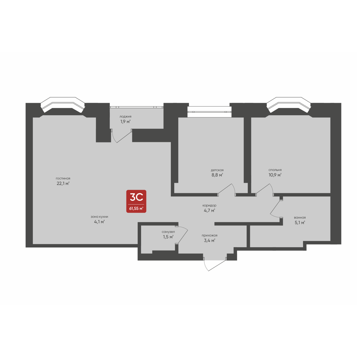 3-комнатная, 61.55 м², № 122 в Промышленная, 7